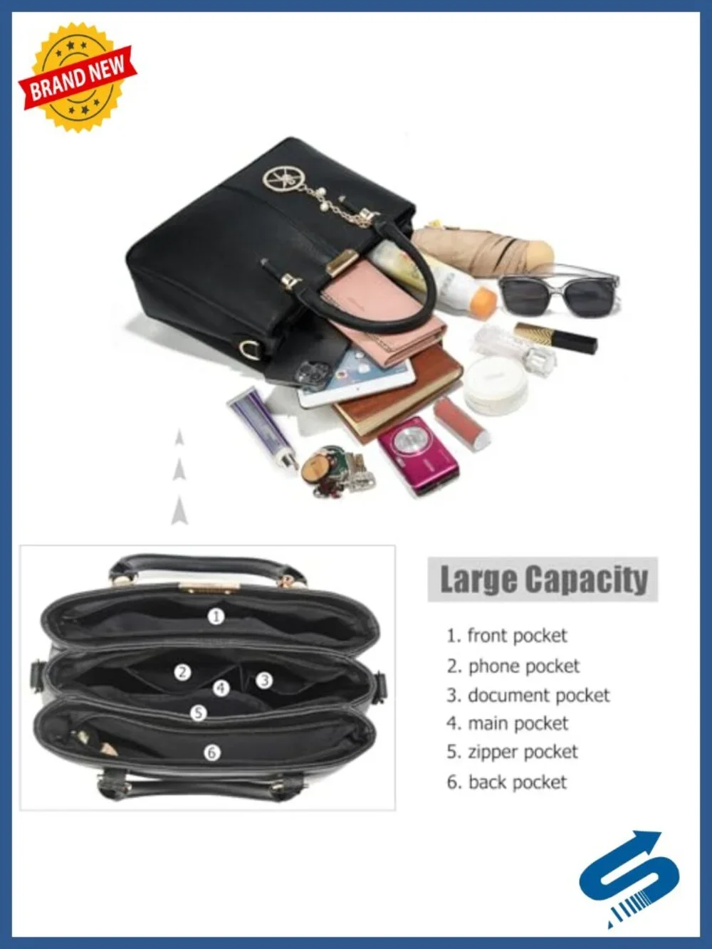 3 Zip Compartments Tote Bag Satchel Shoulder Handbag Top Handle